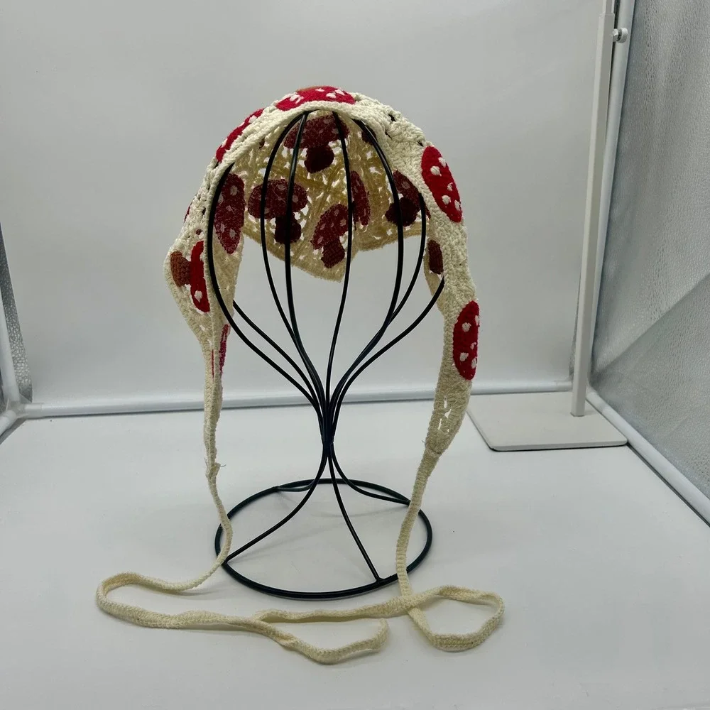Crochet Mushroom Bandana Headscarf Cream Red Toadstool Boho Festival